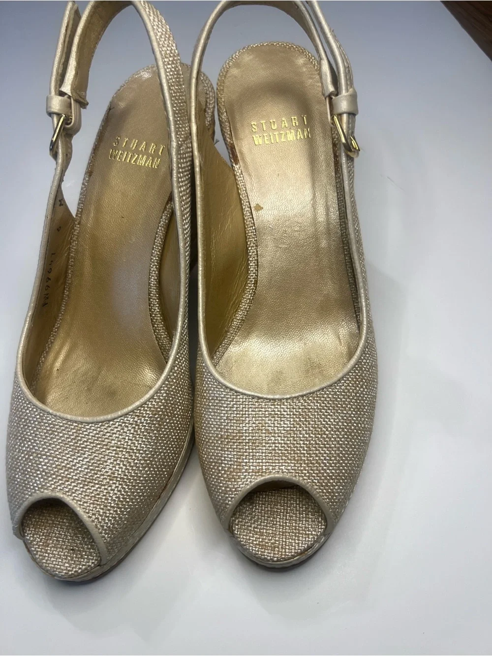 Stuart Weitzman Metallic Gold Peep-Toe Wedge Slingbacks - Picture 8 of 16